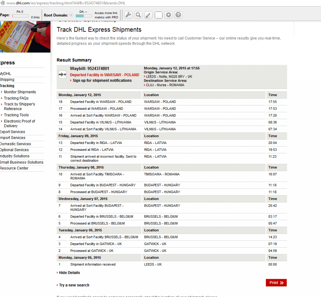 Colet DHL plimbat priin toata europa